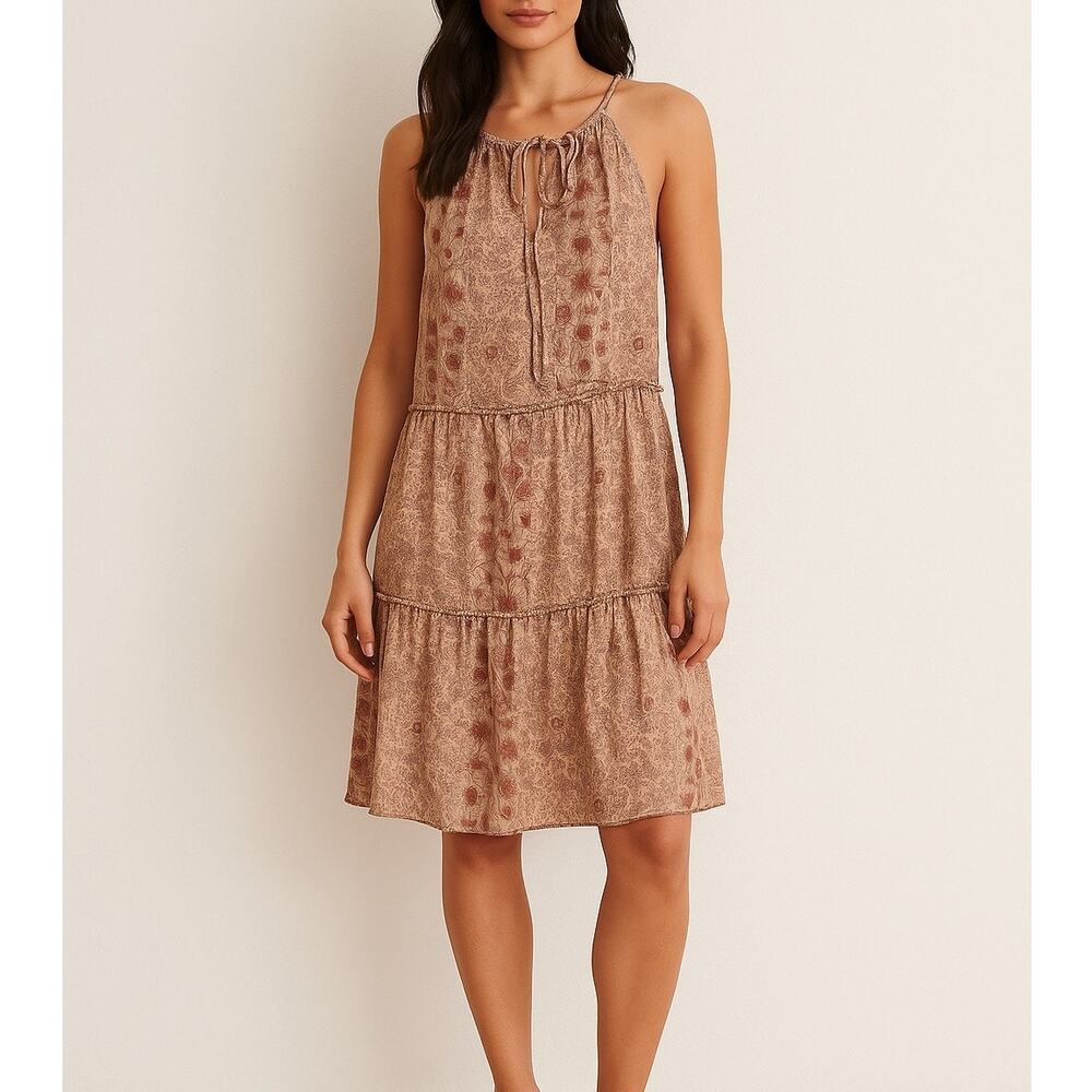 Anthropologie Drew Floral Tiered V Neck Shimmer Halter Mini Dress Size Small